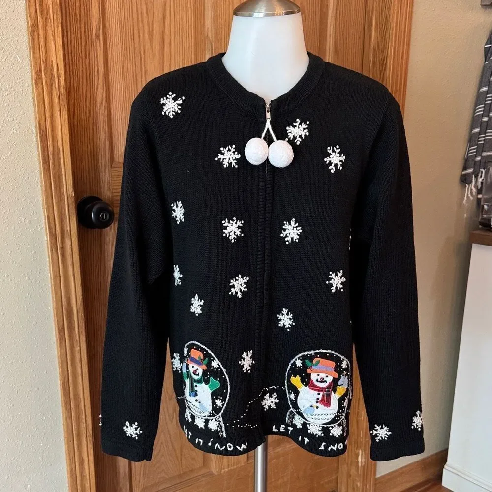 LEMON GRASS Vintage Winter Christmas Snow Globe Let It Snow Embroidered Cardigan